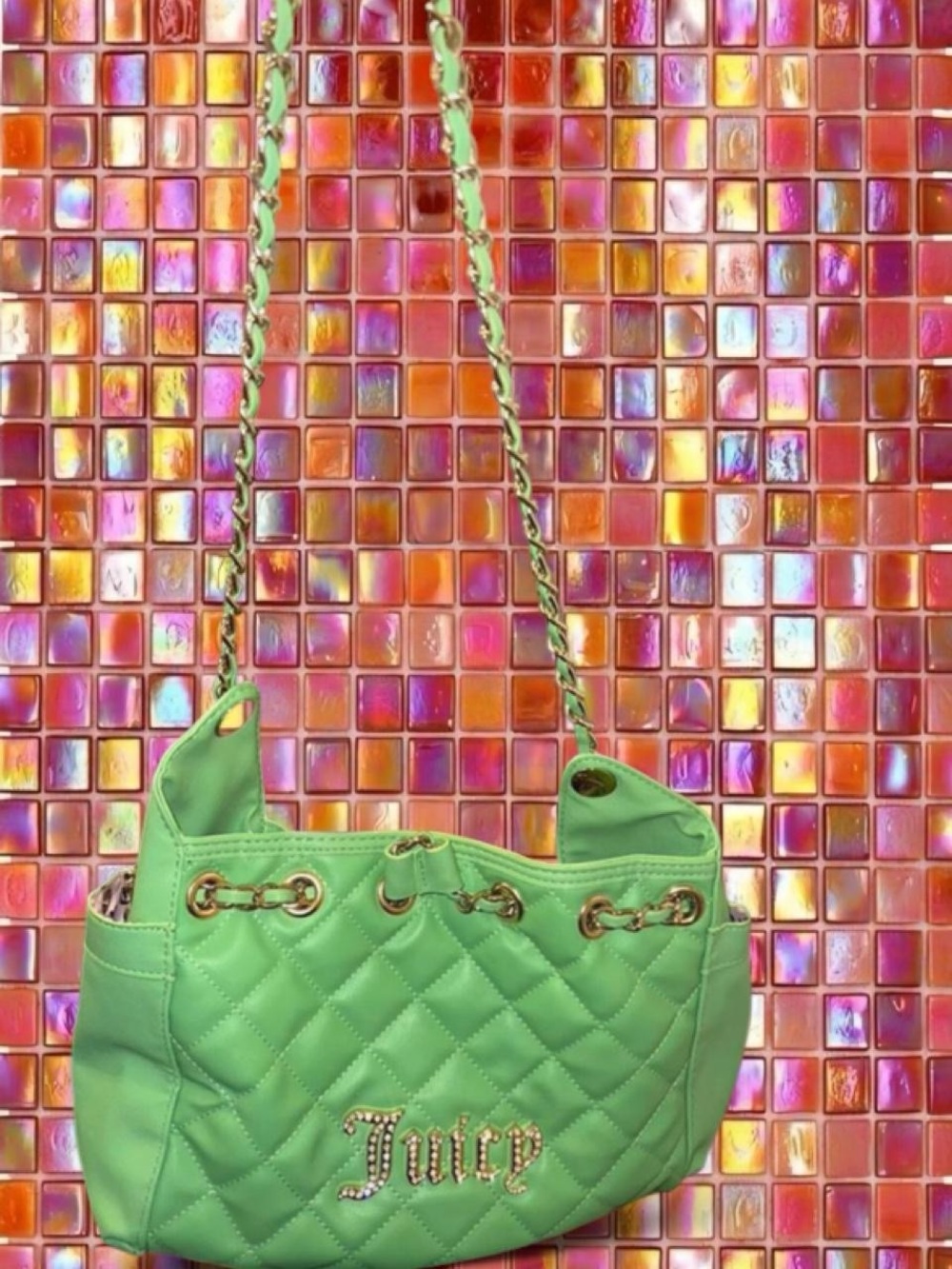 Juicy Couture Mint Green Quilted Chain-Handle Shoulder Bag with rhinestones